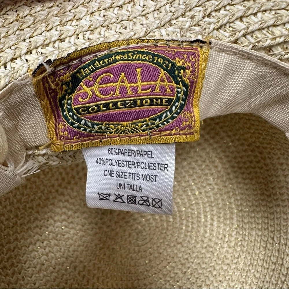 Scala women’s handwoven sun hat gold thread with a buckle trim
